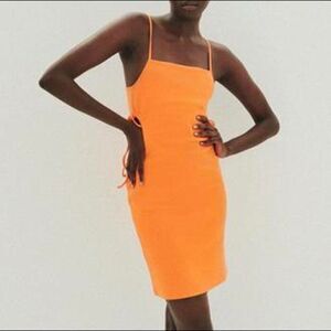 Zara Small Orange Ribbed Square Neck Strappy Sleeveless Cut Out Bodycon Dress